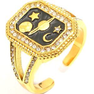 18K GOLD DIPPED BLACK ENAMEL , GOLD AND CRYSTAL OPEN BACK CELESTIAL MURAL RING